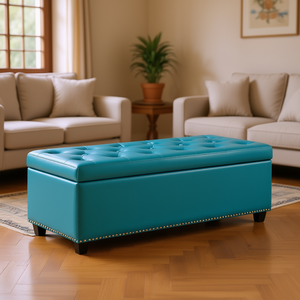 Pouf de rangement bleu méditerranéen Hamilton en cuir PU capitonné pour salon - Product Image 2