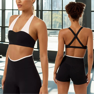 Women's Solid Color Breathable Quick Dry Spandex/Nylon Gym Fitness Activewear Bra Biker <b>Shorts</b> Leggings Set for Running - Product Image 2