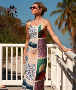 فستان شاطئ جديد لصيف <span class=keywords><strong>2026</strong></span> من MLY، فستان سباحة مكشوف الأكتاف بحمالات وطبعة مختلطة، فستان تغطية للسباحة، ملابس منتجعات انسيابية - Product Image 3