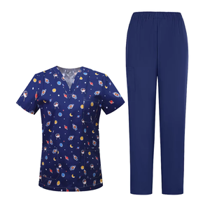 Unisex Niedliche Weltraum-Muster Medizinische Arbeitskleidung Sets V-Ausschnitt Oberteil Hose Weich Modisch Bedruckt 100% Baumwoll-Twill Krankenhaus - Product Image 1