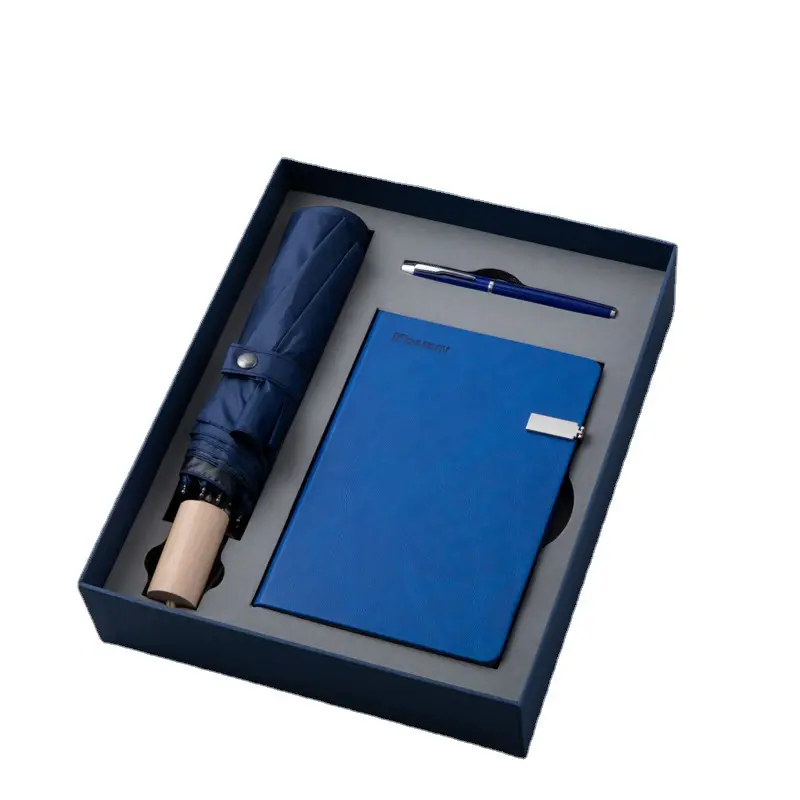 Buku catatan perusahaan A5 payung lipat gagang kayu kotak hadiah Perdagangan kantor plus hadiah logo set untuk bisnis
