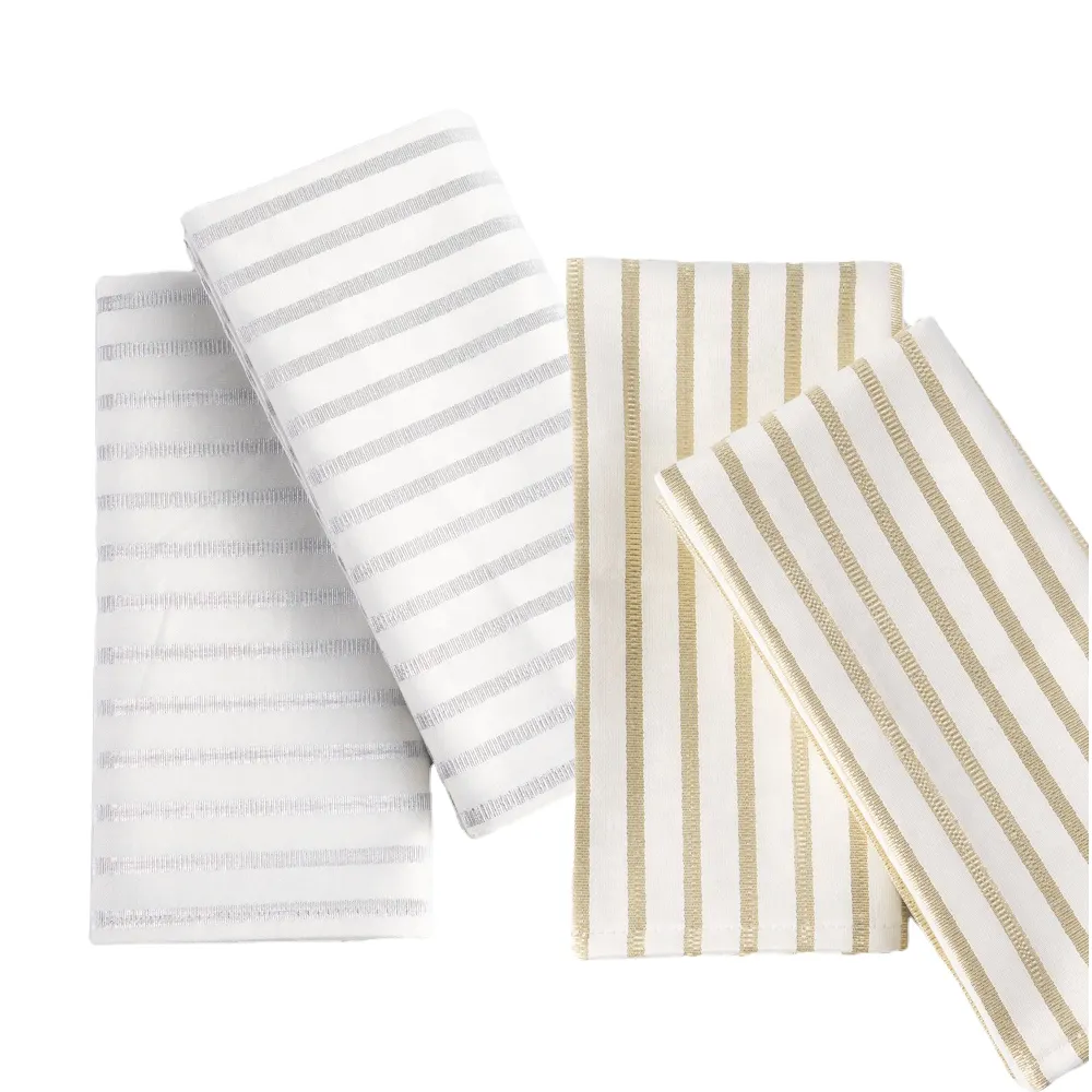 Cotton Polyester Metallic Set of Fancy Napkins with Stripes White Fabric Silver Gold Threads for Restaurant Dining Table