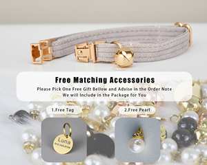 Ensemble laisse et collier en velours côtelé fait main avec nœud papillon, gris clair, pour chat et chiot, avec clochette dorée et étiquette nominative personnalisée - Product Image 6