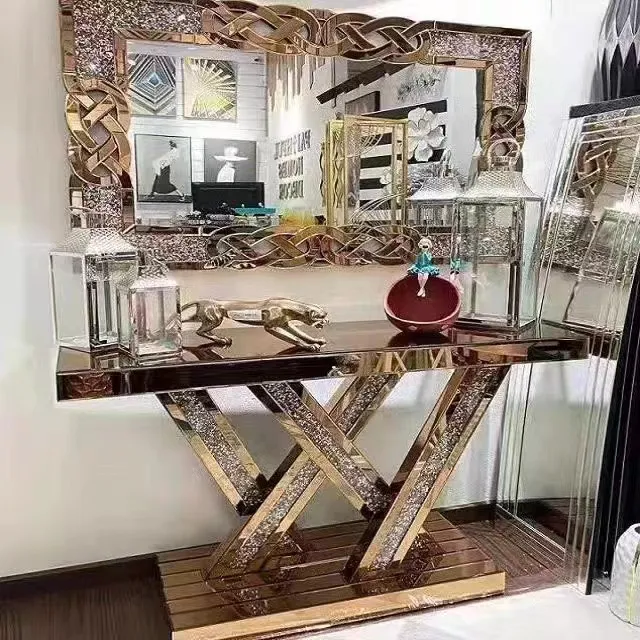 โต๊ะและกระจกสำหรับทางเดินในห้องโถงทางเข้าสีทองหรูหราดีไซน์ยุโรปที่ทันสมัย