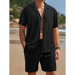 Ensemble de shorts de plage pour homme Temu, chemise à manches courtes en tricot bordeaux et shorts, vêtements décontractés d'été - Product Image 5