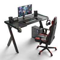 Modern R-Shape Gaming Desk With Carbon Fiber Surface Headphone Hook And Cup Holder Black Metal Frame For Work From Home