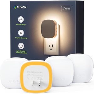 AUVON - Juego de 4 luces nocturnas LED enchufables, luz blanca cálida de 1600K, sensor de movimiento ámbar, del anochecer al amanecer, diseño retroiluminado regulable - Product Image 1