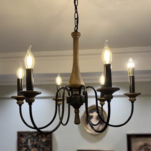 Lustre LED rustique en <span class=keywords><strong>bois</strong></span> vieilli et fer forgé, style campagnard français, avec pampilles en forme de bougies, angle de faisceau 360°, pour salon - Product Image 2