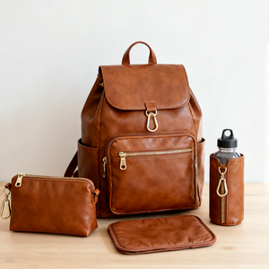 कस्टम निर्माता प्रीमियम टैन वेगन चमड़े के बच्चे डायपर बैग लक्जरी यात्रा चमड़े के डायपर बैग बैकपैक - Product Image 3