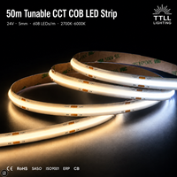 Bande LED COB CCT 24V 5mm 608 LED/m Blanc réglable 2700K-6000K Rouleau de 50m Ruban linéaire sans points pour projets d'éclairage commercial