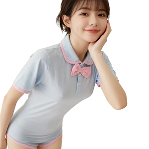 Body de Algodón Azul Claro para Adultos con Lazo Rosa, Pijama de <span class=keywords><strong>Manga</strong></span> Corta con Broches en la Entrepierna para Hombres, Ropa <span class=keywords><strong>ABDL</strong></span> - Product Image 2
