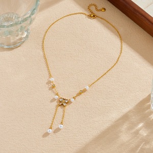 Butterfly Pendant Faux Pearl Tassel Chain Necklace Gold Tone Crystal Bezel Setting Everyday Wear Women's Jewelry - Product Image 3