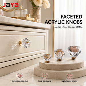 JAYA 透明多面亚克力橱柜旋钮，钻石切割单孔抽屉拉手，金色底座，适用于厨房衣柜梳妆台家具 - Product Image 1