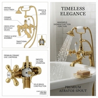 Robinet de baignoire rétro à montage sur pont, finition brossée, avec poignée en céramique en forme de croix et douchette à main pour salles de bain de villas