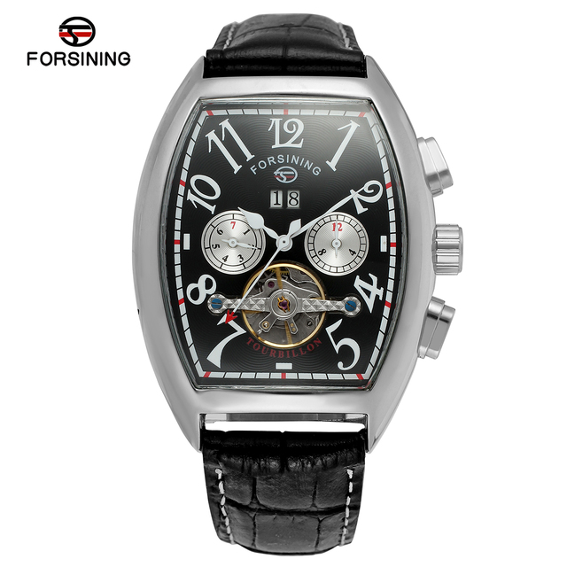 Tonneau Shape Forsining Factory Wholesale Tourbillon Genuine Leather Strap Watch Luxury Automatic Mechanical Wrist Men Watches