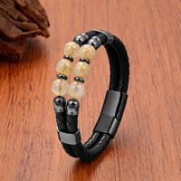 Bracelet artisanal pour homme en cuir avec perles de quartz rutile et améthyste, fermoir en acier inoxydable