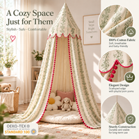 Dôme de lit bébé floral vert 100 % coton respirant, tente de berceau pliable toutes saisons avec pompons rouges et bordure à volants