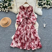 Robe décontractée pour femmes à imprimé floral, manches longues, plissée, coupe trapèze, avec ceinture, élégante, pour les fêtes, les vacances, robe midi pour femmes