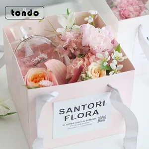 Tondo caixa de presente portátil floral, caixa arranjo de flores de dia dos namorados com janela