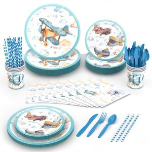 Set per Festa a Tema Aereo Blu DM, Piatti, Bicchieri e Tovaglioli di Carta Usa e Getta Stile Vintage per Primo Compleanno e Baby <span class=keywords><strong>Shower</strong></span> - Product Image 3