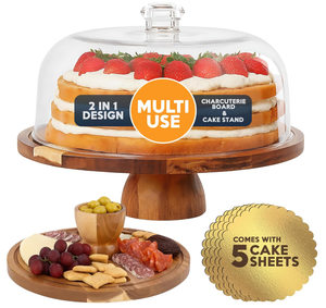 Support à gâteau rotatif rond en bois d'acacia de 12 pouces avec couvercle, ensemble de présentation de table à dessert 2 en 1, <span class=keywords><strong>plateau</strong></span> à gâteau, support de rangement - Product Image 1