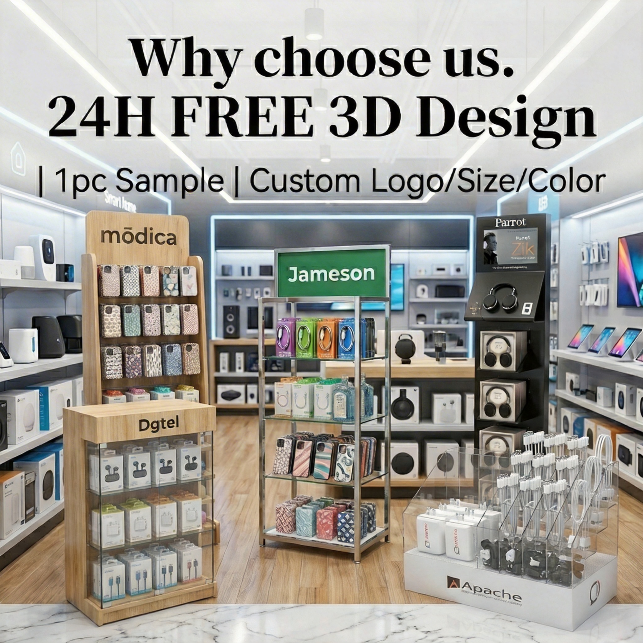 Custom 3C Electronics Display Stand for Mobile Phone Accessories Digital Products Metal Acrylic Wood Retail Boutique Unit Apache — view 6