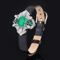 Pulsera de Cuero de Lujo con Esmeraldas y Amatistas, Chapada en Plata de 18K con Circonitas, para Mujer