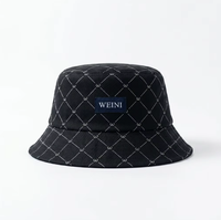 Cappello a Secchiello in Cotone Blu Navy con Logo Oxford e Motivo a Quadri, Fibbia in Rame Dorato, Unisex, Casual, per Protezione Solare all'Aperto
