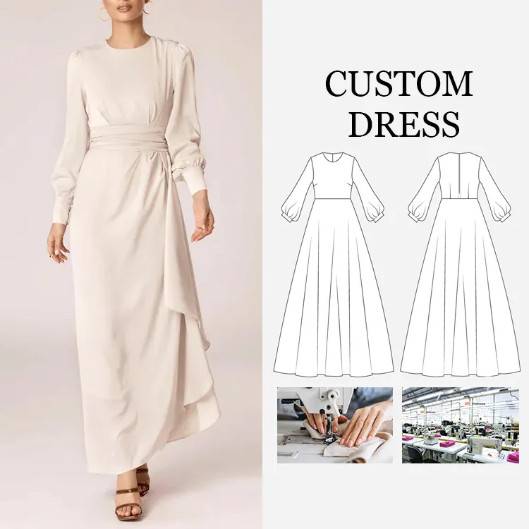 Casual Elegant Vintage Tunic Dress Custom Wholesale Long Sleeve Solid Color Pleated Waist Ruffle Long Maxi for Women