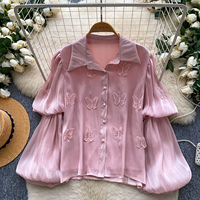 Chemises amples à manches longues pour femmes, broderie papillon, boutonnées, pour l'été et le quotidien