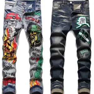 स्टाइलिश नई रेट्रो नॉस्टेल्जिया दाग प्रतिरोधी पैचवर्क जीन्स पुरुषों की ज़िपर ट्रिम स्ट्रेट-लेग पैंट