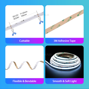 Tira de LED RGBIC COB direccionable de 12V 24V CC, 630 LED/m, sin puntos, cinta de 12mm, PCB, tira de LED RGB - Product Image 2