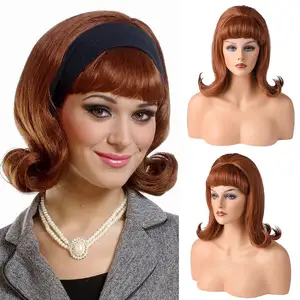 Retro Brown Wig 50s 60s 70s Wig with Bangs for Women Synthetic Hair for Halloween Costume Party