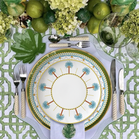 Vaisselle en porcelaine Palm Gold Accent, vaisselle en céramique haut de gamme pour la vente au détail, mariages de luxe sur la plage, événements méditerranéens