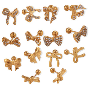 Pendientes con forma de lazo, aleación de zinc chapada en oro con diamantes de imitación para mujer, joyería de moda para el día a día - Product Image 5