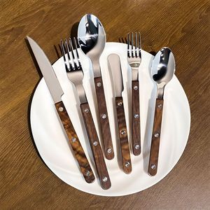 Stainless Steel Walnut Wood Handle <b>Knife</b> Fork Spoon Set 6 Pieces Western Cutlery Hotel Steakware - Product Image 1