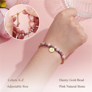Ngựa vằn màu hồng đá mạ vàng đá tự nhiên Bohemian đính cườm Vòng đeo tay tùy chỉnh 26 chữ cái Tiếng Anh Có thể điều chỉnh, quà tặng cho phụ nữ & cô gái - Product Image 6
