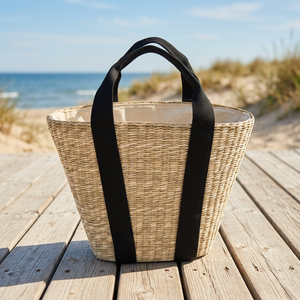 Cesta de mimbre y bolso de compras de paja con dos asas y cierre de cremallera, bolsos de moda ecológicos para mujer con forro de lona - Product Image 2