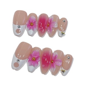 Hecho a mano 10 piezas ABS cubierta completa prensa-en <span class=keywords><strong>uñas</strong></span> postizas forma de almendra 3D flor gradiente prediseñado personalizado flor tallado dedos - Product Image 6