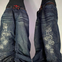 Pantalon en jean décontracté à jambes larges et droites pour hommes, vêtements de rue, fabricant, lavage vintage délavé au soleil, motif brodé 3D, empilé