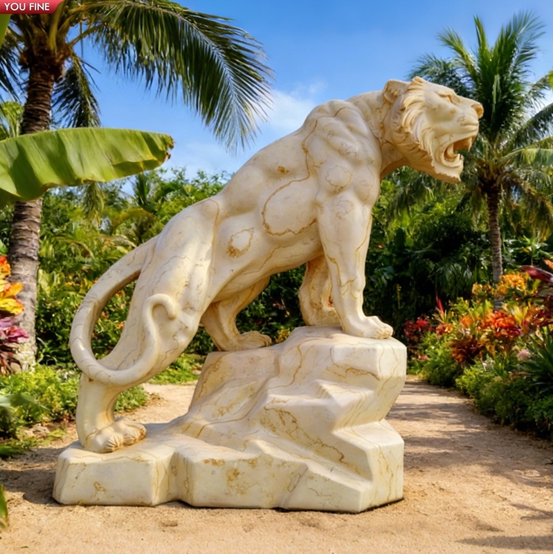 YOUFINE Beige Marble Tiger Sculpture for