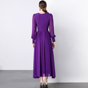 Droma Prêt à Expédier Mode Violet Jupe Plissée Manches Longues Col en V Robe pour Femmes Élégante Robe de Soirée Longue - Product Image 5
