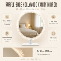 Miroir de maquillage éclairé en acrylique cristal blanc rond 25x45cm, capteur tactile, gradation progressive, rotation à 360°, HD 1X, 3 modes de couleur