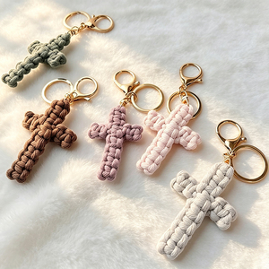 Cotton Hand Crochet Cross <b>Key</b> <b>Ring</b> Woven Cross Pendant Keychain Lobster Clasp Backpack Charm For Christian Gift - Product Image 3
