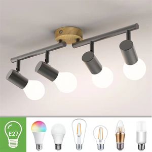 Spots de plafond orientables transfrontaliers, chambre et salon, E27 multi-têtes, projecteurs de plafond concentrés, lampes rétro en bois d'orme, LED - Product Image 4