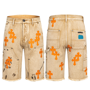 Shorts en jean pour homme 26SS de haute qualité, coupe droite, respirants, taille mi-haute, délavage vintage, broderie croisée, style streetwear - Product Image 1