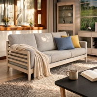 Canapé trois places en tissu avec structure en bois massif de chêne rouge, rembourrage en mousse et accoudoirs droits, personnalisable pour salon et appartement