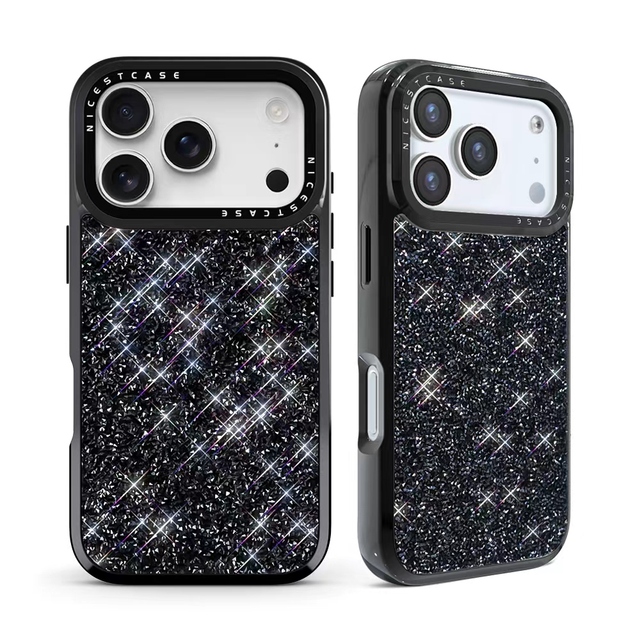 Aikusu Brand Black Rhinestone Fabric Luxury Diamond Stone Glitter Phone Case for iPhone 17 16 15 14 13 Air Plus Pro Max