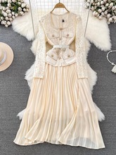 Primavera otoño nombre coreano señora encaje paneles A-Line Maxi falda <span class=keywords><strong>Dr</strong></span> Long Sve cuello cuadrado fruncido cintura - Product Image 3