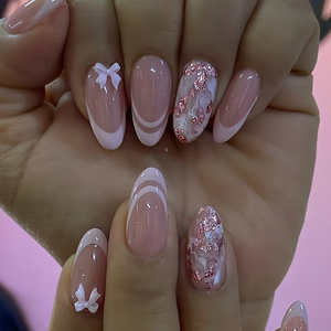 Uñas Postizas Elegantes de Uso Diario, Color Rosa, Diseño de Ojo de Gato, Lazo y Corazón, Acrílicas, Reutilizables, para Fiesta, 24 Piezas - Product Image 1